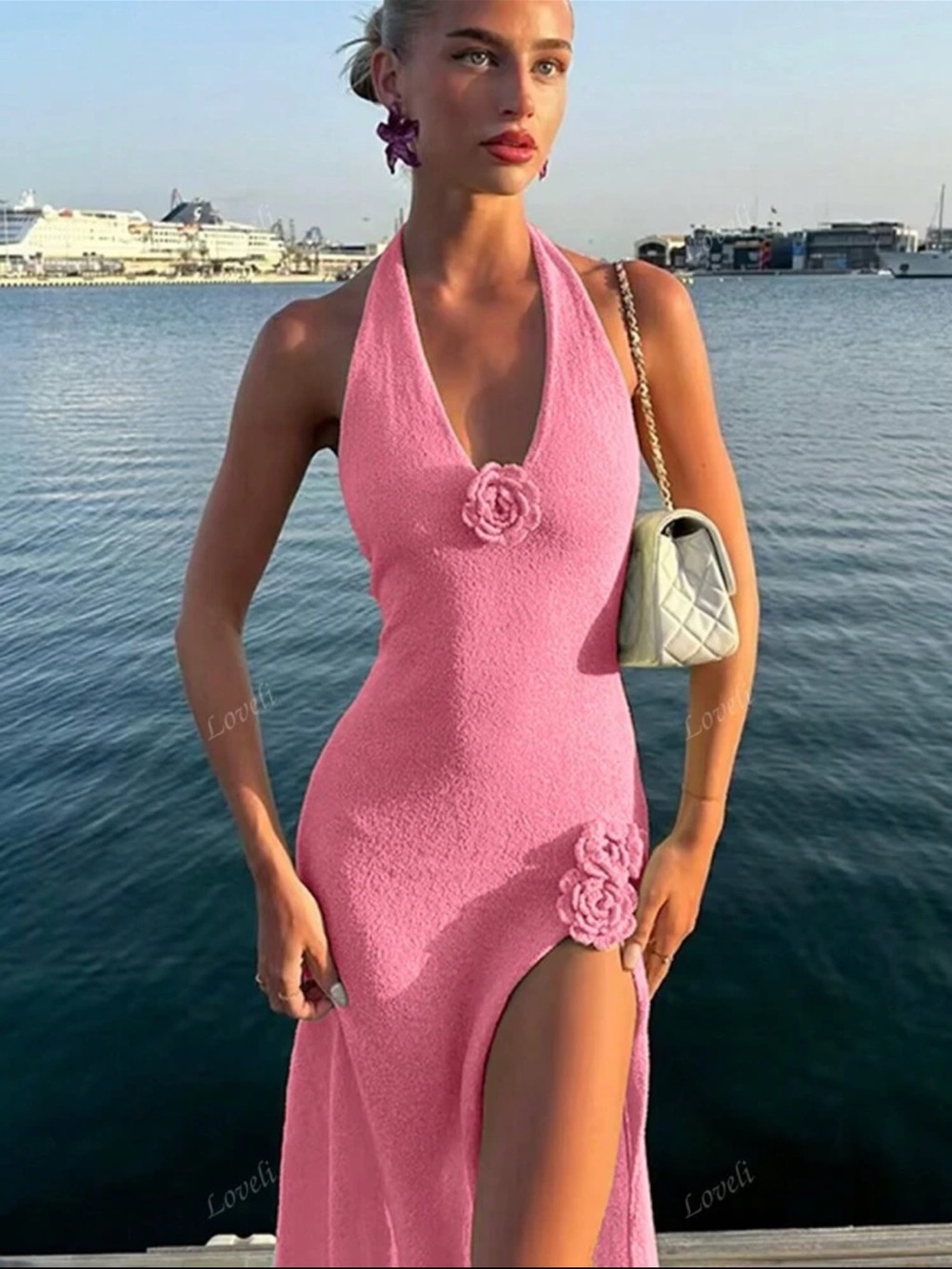 SHEIN Pink Halter Maxi Dress with Floral Appliqués